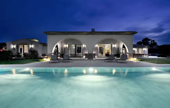 Picture France, Villa, the evening, pool, lighting, terrace, luxury villa, Saint-Tropez