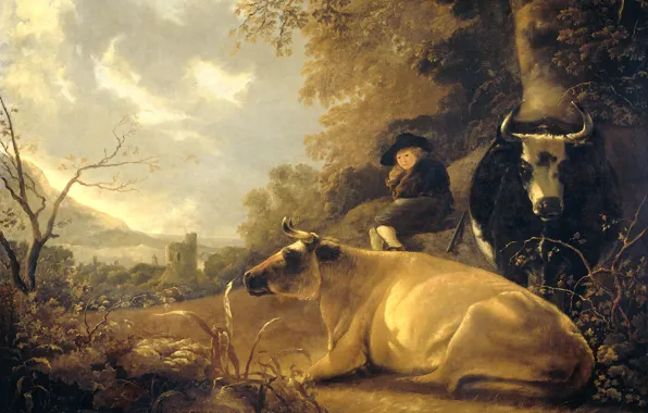 Picture landscape, animal, picture, Albert Jacobs Cape, Landscape with Cows and a Boy-Shepherd