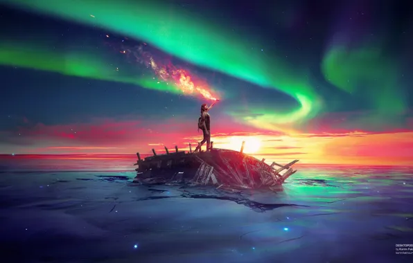 Green, world, light, fire, ice, black, sky, sunset
