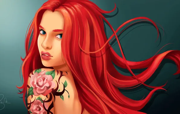 Look, girl, tattoo, art, red hair
