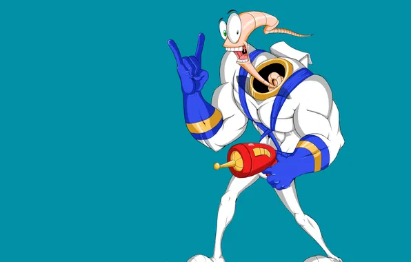 Weapons, the worm, blue background, Earthworm Jim