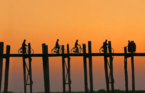 Bike, people, silhouette, Myanmar, the u pain bridge, oz something Tangeman, Mandalay, Amarapura