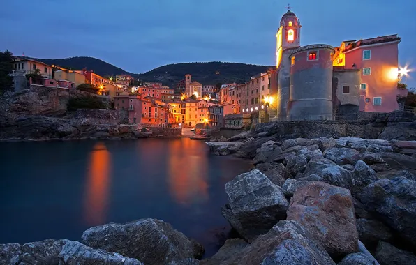 Sea, mountains, night, lights, stones, tower, home, Italy