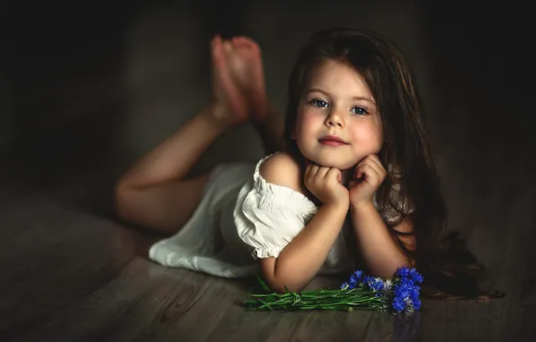 Flowers, face, child, portrait, bouquet, hands, dress, girl