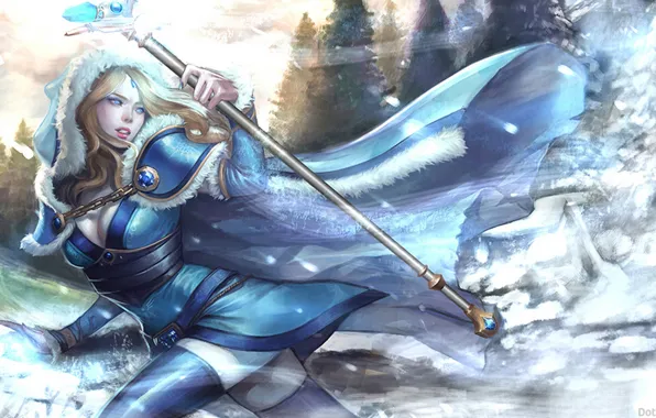 Picture girl, snow, art, Crystal Maiden, Dota 2, Rylai