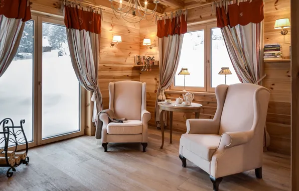 Design, comfort, lamp, tree, window, chairs, the tea party, dishes