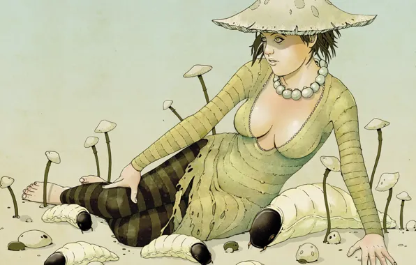 Girl, mushrooms, larvae