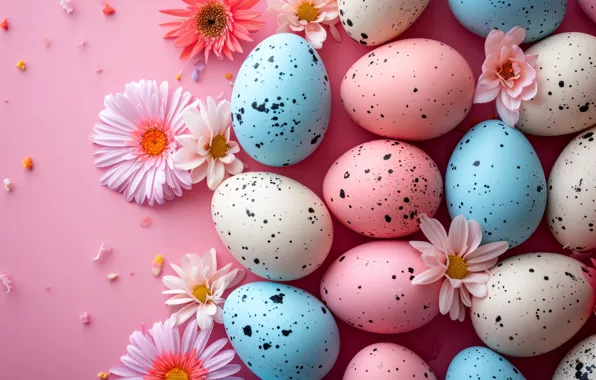 Flowers, holiday, eggs, spring, Easter, pink background, painted, eggs