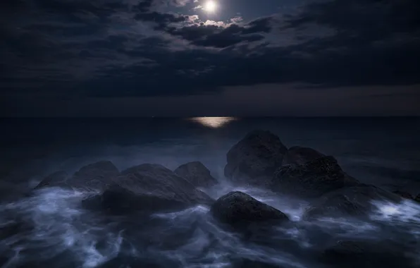 Picture sea, landscape, night, nature, stones, the moon, Italy, Liguria