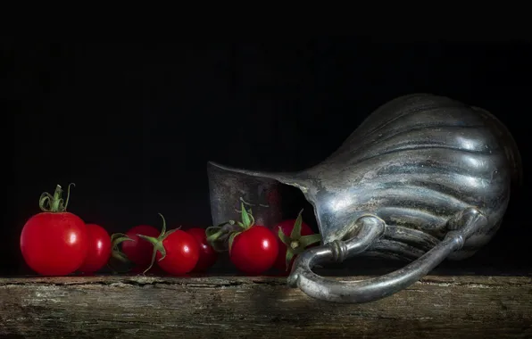 Metal, Board, red, pitcher, black background, still life, tomatoes, tomatoes