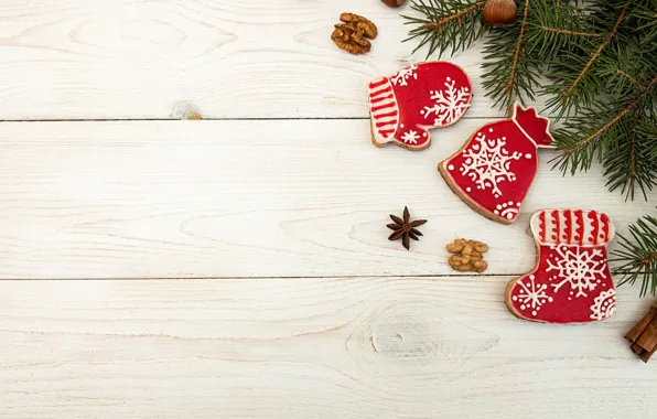 Branches, Board, sock, cookies, Christmas, New year, nuts, bag