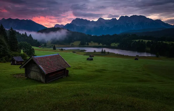 Field, forest, summer, the sky, grass, clouds, sunset, mountains