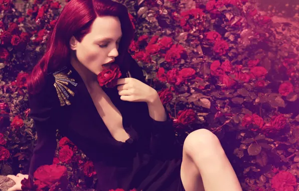 Picture roses, red hair, Sasha Pivovarova, Russian supermodel