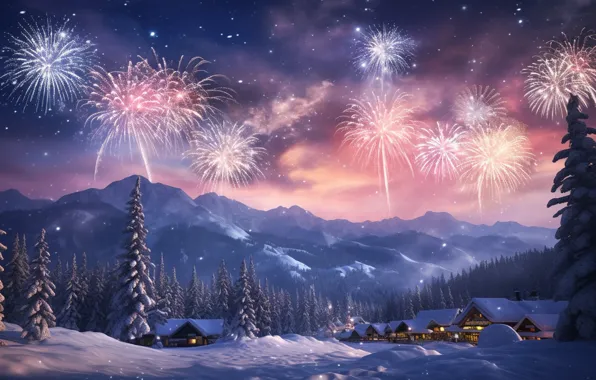 Picture winter, snow, night, lights, salute, New Year, village, Christmas