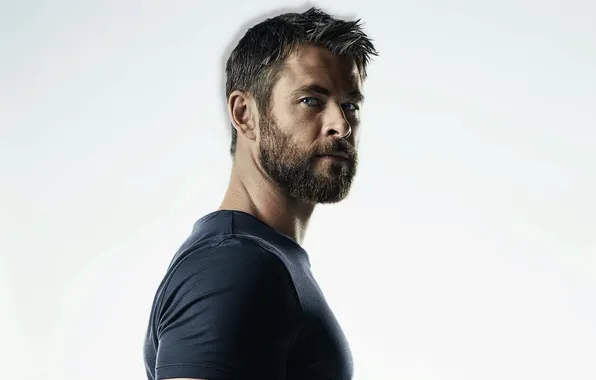Look, portrait, t-shirt, white background, beard, actor, Chris Hemsworth, Chris Hemsworth