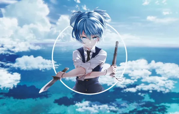 The sky, clouds, weapons, round, anime, knives, sky, blue hair
