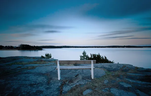 Rock, trees, sea, houses, bench