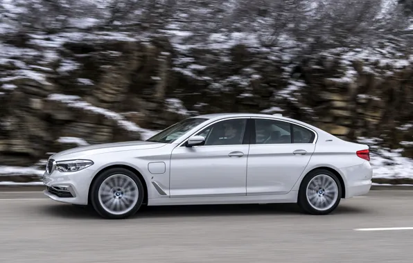 Picture white, rock, BMW, sedan, roadside, hybrid, 5, four-door