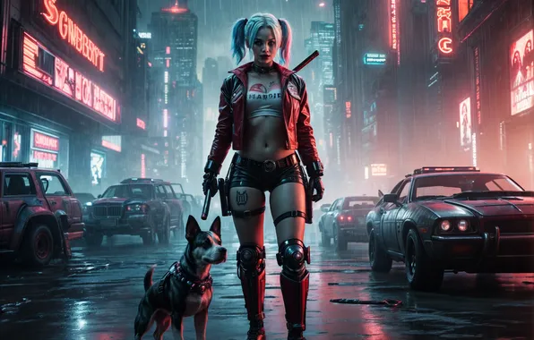 Girl, street, dog, cyborg, Harley Quinn, the image is generated by AI