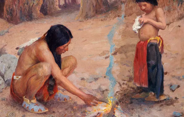 The fire, Bonfire, Eanger Irving Couse, (Fire), mother and son