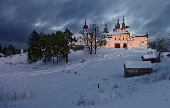 Winter, snow, trees, landscape, nature, Church, temple, Ferapontovo