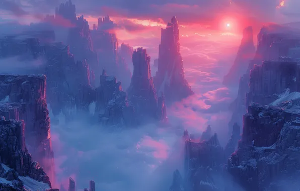 The sky, the sun, clouds, rays, light, sunset, mountains, fog