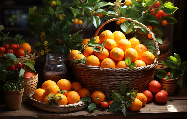 Greens, leaves, branches, table, Board, plant, oranges, harvest