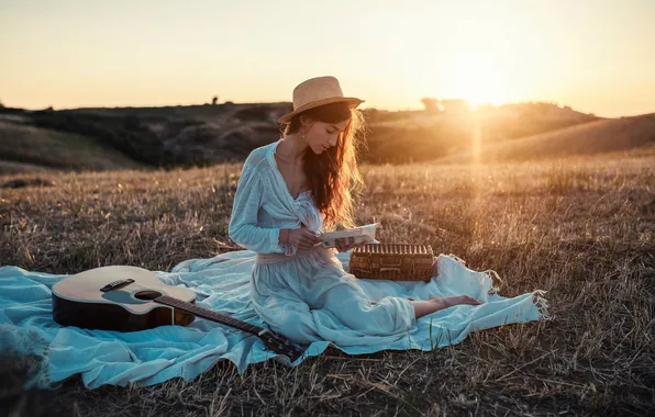 GRASS, GUITAR, HAT, SUNSET, PLAID, MOOD, BOOK, SUNDRESS