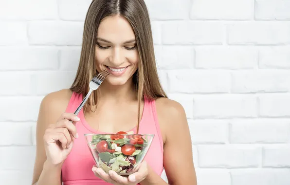 Woman, fork, salad