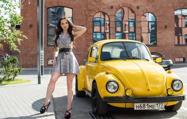 Machine, auto, girl, pose, hands, dress, legs, Volkswagen Beetle