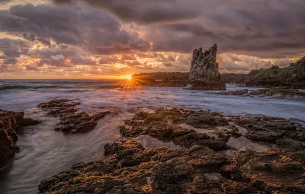 Picture sea, clouds, sunset, stones, rocks, shore, pond, rocky