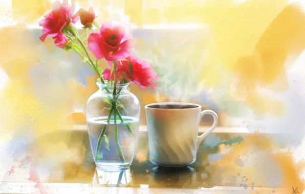 Flowers, coffee, roses, Cup, vase, painting