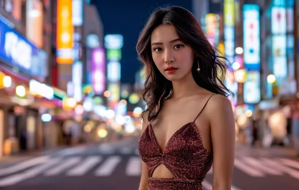Look, the city, street, the evening, Asian, cutie, asian, digital art