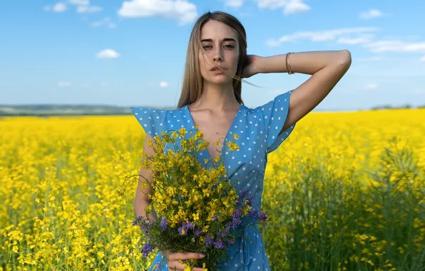 Girl, sweetheart, model, Flowers, Field, Face, Wallpaper, Day