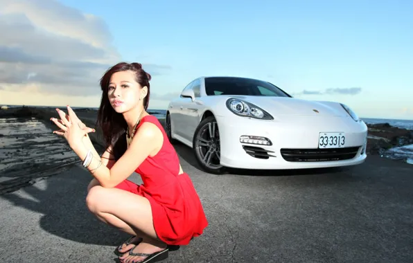 Look, Girls, Asian, beautiful girl, Porsche Panamera, white car, against the machine