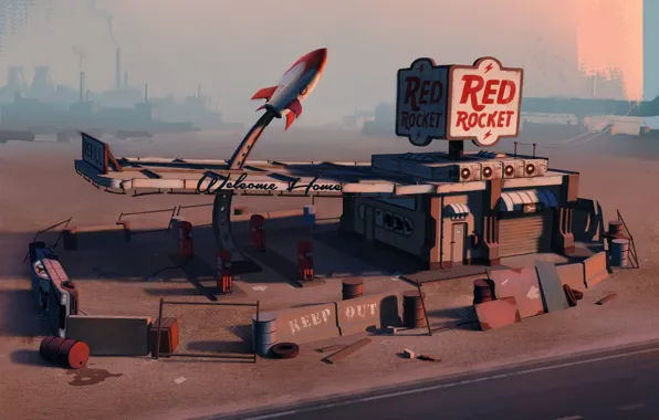 Fallout, Architecture, Gas Station, Post-apocalyptic, Environments, Red Rocket, by Edgaras Cernikas, Red Rocket Gas Station