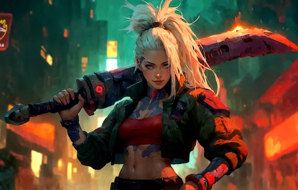 City, girl, sword, fantasy, blue eyes, ponytail, blonde, digital art