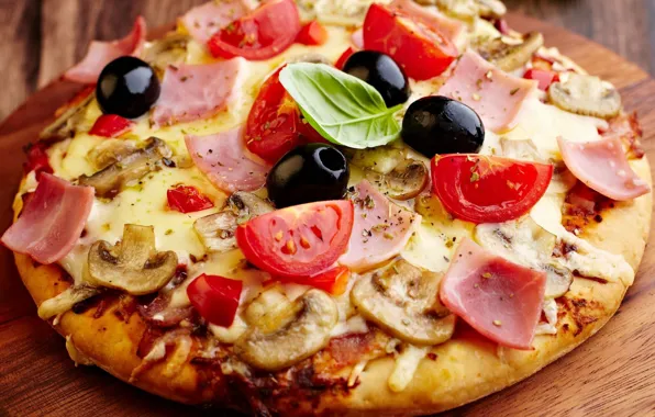 Mushrooms, cheese, pizza, tomatoes, olives, mushrooms, ham