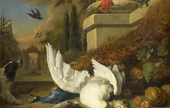 Picture animal, oil, picture, canvas, Jan Baptist Venix, Dog Dead Goose and Peacock