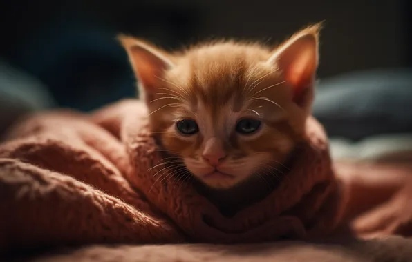 Cat, look, light, the dark background, kitty, blur, scarf, baby