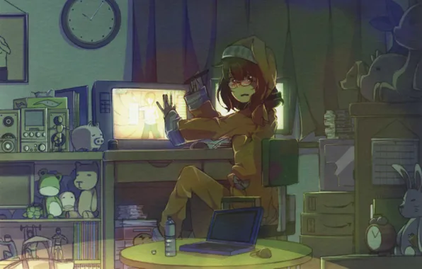 Table, fright, room, toys, watch, glasses, girl, laptop