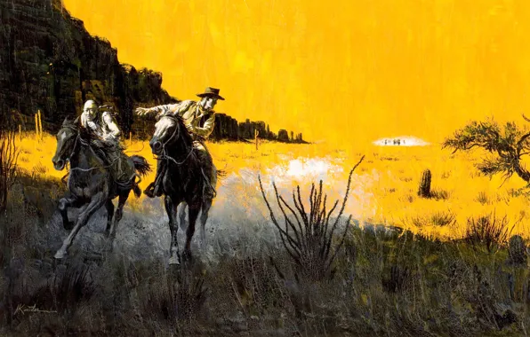 Chase, horse, Prairie, cowboys, wild West, Mort Künstler