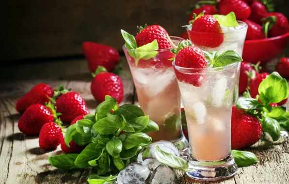 Ice, berries, strawberry, glasses, drink, mint