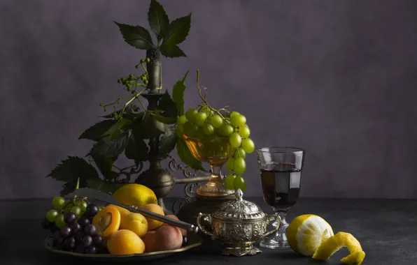 Leaves, table, hookah, grapes, knife, fruit, still life, grey background