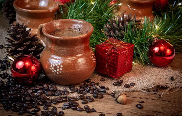 Balls, Board, coffee, Christmas, mug, New year, drink, tinsel