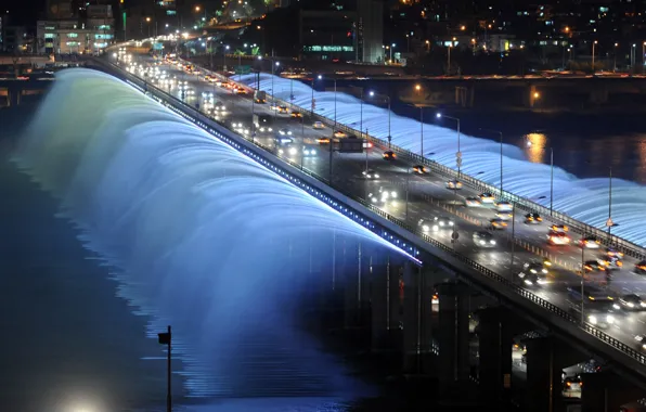Night, bridge, lights, fountain, Seoul, South Korea, Rainbow fountain