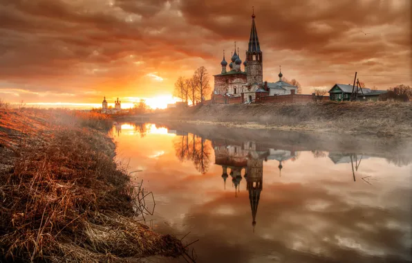 Picture dawn, village, morning, April, temple, Russia, Dunilovo