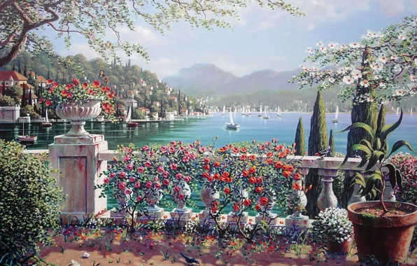Picture flowers, the city, lake, roses, Italy, sail, painting, Italy