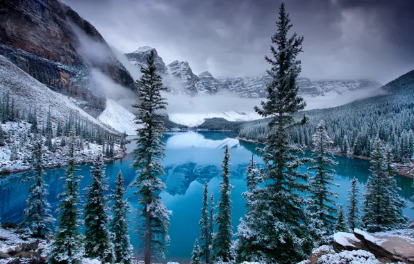 Ice, snow, mountains, lake, spruce, Canada, Canada, Moraine Lake