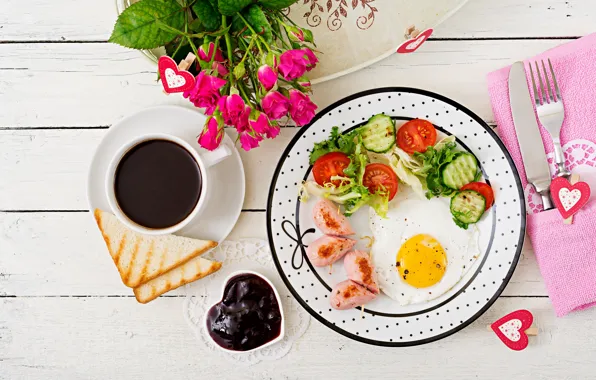Flowers, coffee, Breakfast, sausage, toast, Timolina